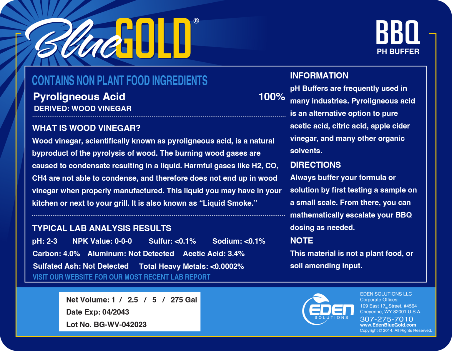 Bluegold® Bbq Wood Vinegar Ph Buffer Omri Listed Bluegold® By Eden Solutions 3767