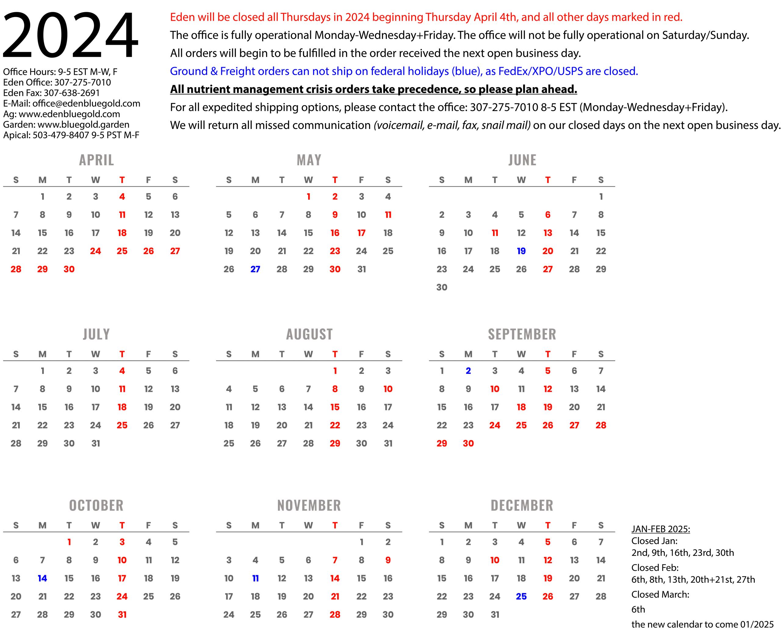 2024 Eden Operational Calendar
